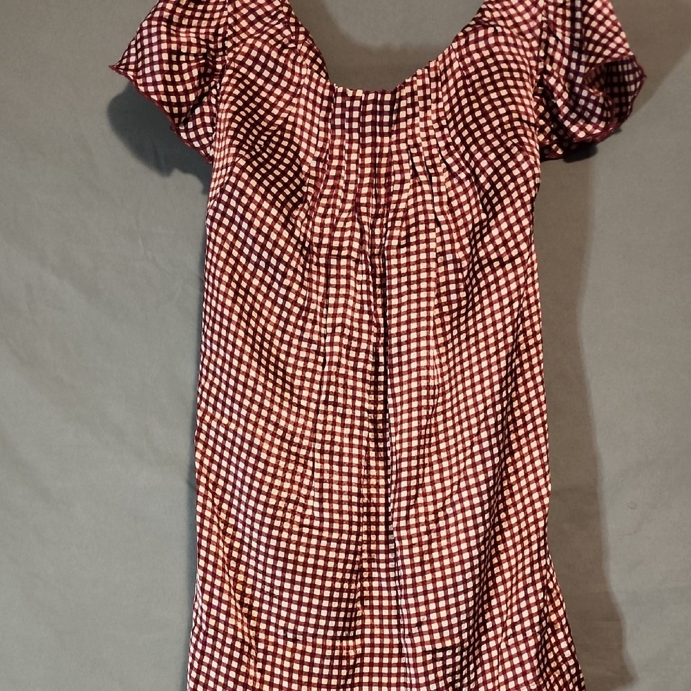 BCBGMaxAzria Burgundy and Off White Gingham Blouse Tie In Back